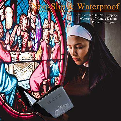 Bible Book Cover with Zippered for Men and Women, Book Protector, PU Leather Handle,Tree Pattern,Bible Case,Christian Bible Tote (L)