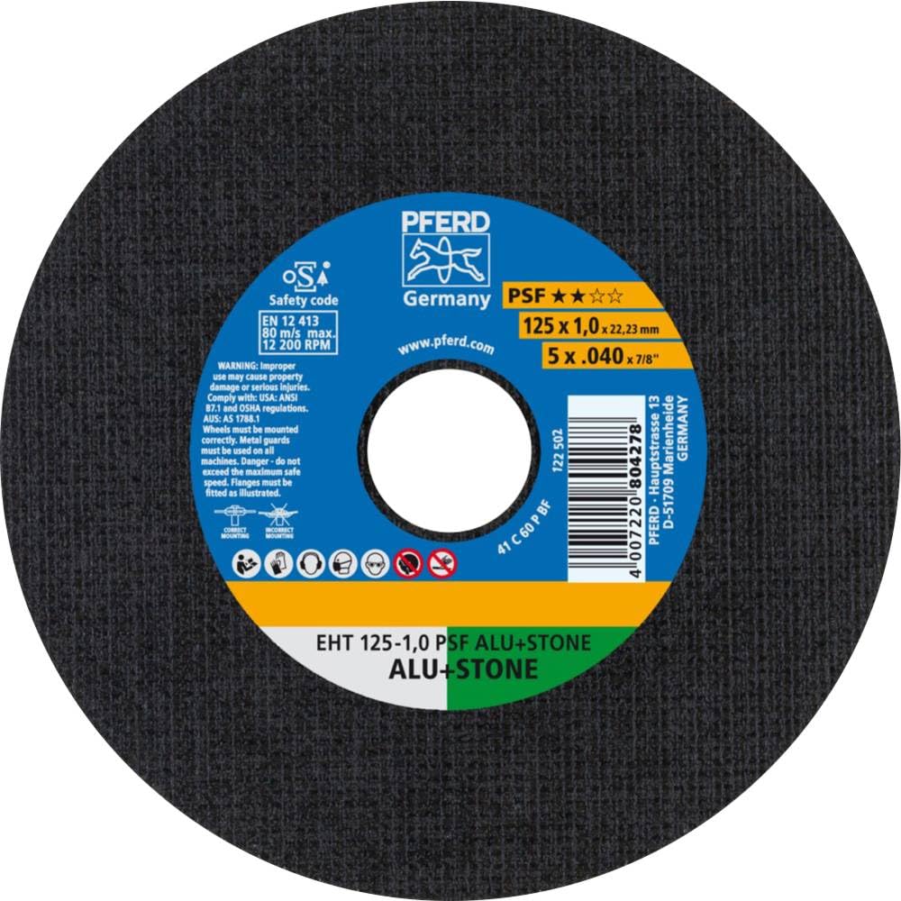 PFERD Cutting Disc PSF Aluminium + Stone Pack of 10 | 125 x 1.0 x 22.23 mm, Straight | 61819015 - for Non-Ferrous Metals and Mineral Materials
