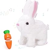Realistic Bunny Toy, Easter Educational Interactive Bunny Toy, Plush Bunny Hopping Rabbit with Sounds and Movements, Twitching Mouth and Nose, and Wiggling Ears (White)