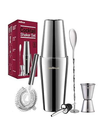 Cocktail Shaker, Martini Shaker, Drink Shaker, Cocktail Shaker Set 6 Piece, Boston Shaker, Bar Set, Cocktail Strainer, Bar Tools, Bartender Kit, Stainless Steel Double Measuring Jigger, Mixing Spoon