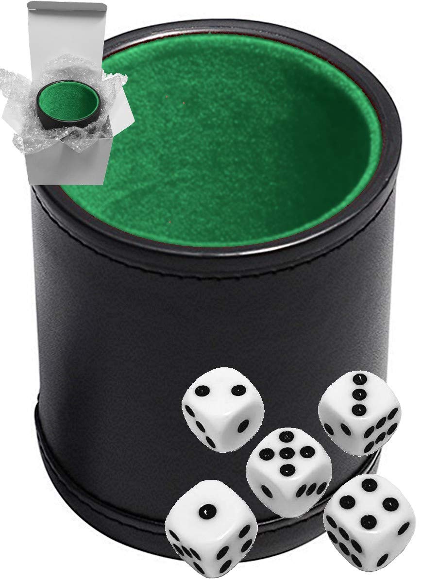Set of 16mm Poker/Pip Dice Rounded Corners and Black PU Leather Dice Cup Plush Velvet Lined - Gift Boxed (Pip (Dot) Dice White, Black/Green Cup)