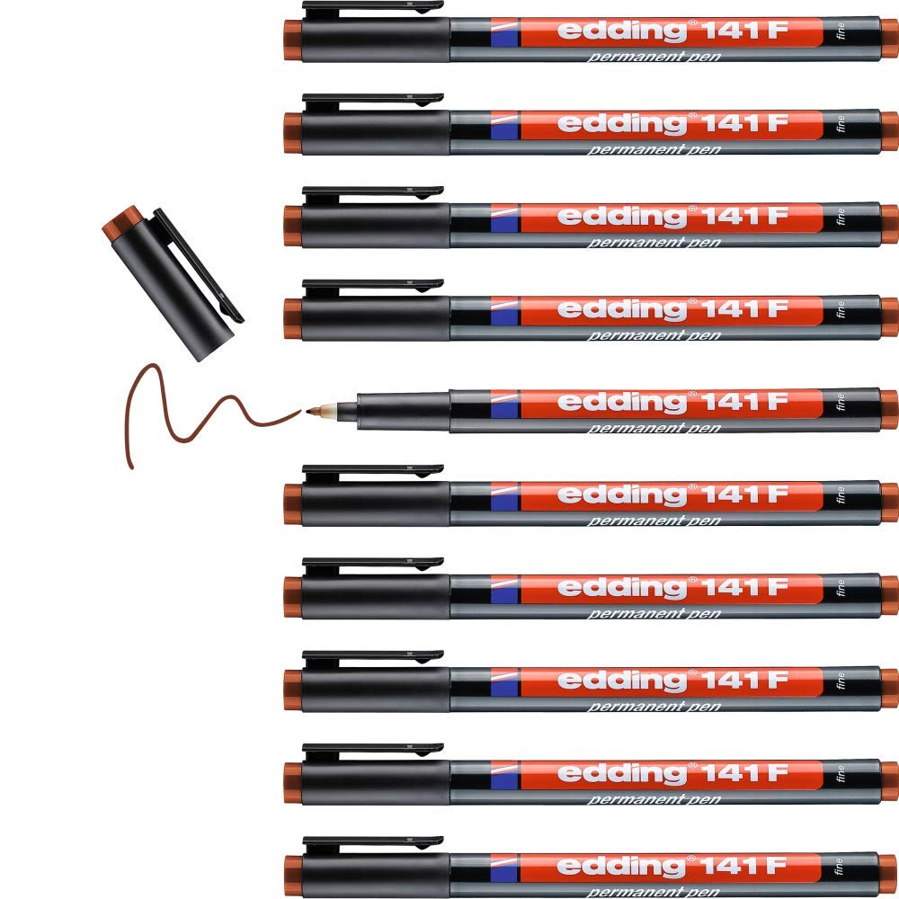 edding 141 F permanent pen - brown - 10 pens - round nib 0.6 mm - pen for writing on glass, plastic, foils and smooth surfaces - permanent, quick-drying, smudge-proof and waterproof