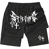 WDIRARA Men's 2 In1 Goth Graphic Print Drawstring Elastic Waist Shorts Athletic Shorts