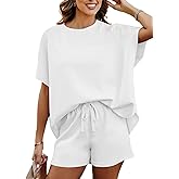 SHEWIN Women's 2 Piece Lounge Sets Oversized Crewneck Short Sleeve Shirts Drawstring Shorts Pajama Sets