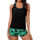 Aleumdr Womens Athletic 3 Piece Tankini Swimsuits with Shorts Swim Tank Tops with Sports Bra and Boyshorts Bathing Suits