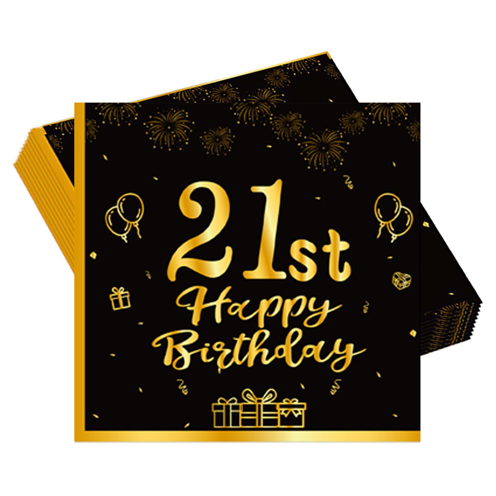 20pcs Black and Gold Napkins 21st, Happy Birthday Tableware Paper Napkins, Happy 21st Birthday Decorations Paper Tissues for Men,Women,Him,Her 21st Birthday Gifts Party Supplies