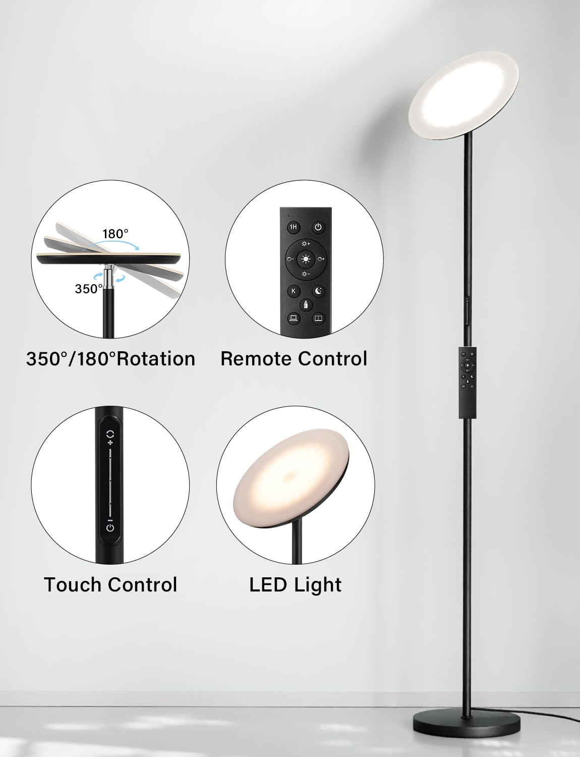 Modern LED Floor Lamp - Remote & Touch Control, 40W/2400LM Sky Torchiere Standing Lamp, Fully Dimmable, 3 Color Temperatures, Ideal for Living Room & Bedroom, Easy to Assemble