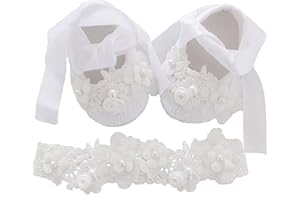 LilPinkGoose 0-18M Baby Girls Newborn White Lace Baptism Shoes and Headbnad Set Toddler Wedding Dress Shoes Set