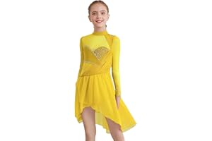 Jhaoyu Girls Long Sleeve Figure Ice Skating Dress Shiny Rhinestones Hi-lo Lyrical Ballet Dance Dress