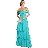 homdor Off Shoulder Chiffon Bridesmaid Dresses Long for Women Tiered Ruffles A Line Formal Evening Dress
