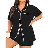 Elsameel Women's Plus Size Pajamas Button Down Shirt and Shorts 2 Piece Pj Lounge Sets Short Sleeve Sleepwear Soft Loungewear