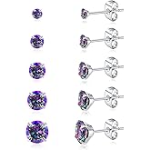 5 Pairs Stud Earrings for Women, Hypoallergenic Cubic Zirconia Silver Black 316L Surgical Stainless Steel Rainbow CZ Earrings Set 3-7mm
