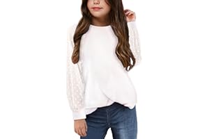 Yekaty Girls Shirts Casual Solid Color Crewneck Blouses Soft Long Sleeve Swiss Dots Chiffon Tops