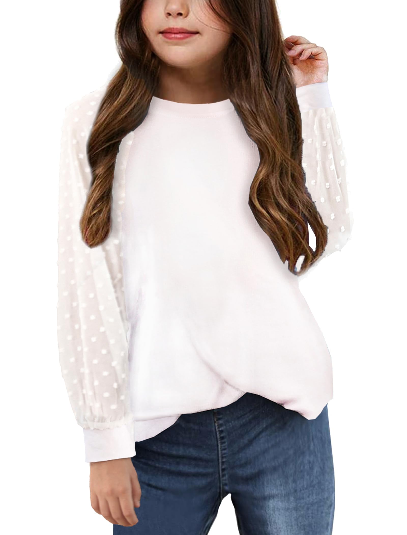 Photo 1 of Yekaty Girls Shirts White Soft Long Sleeve Crewneck Tops Loose Casual Cute Shirts Solid Color Blouse