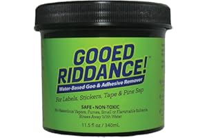 GOOED RIDDANCE! Gooed Riddance: Adhesive, Goo and Pine Sap Remover/Cleaner. Removes Residue from Stickers, Labels, and Tape. Water Based. Non-Toxic. No solvents. No Vapors/VOCs. Not Flammable.