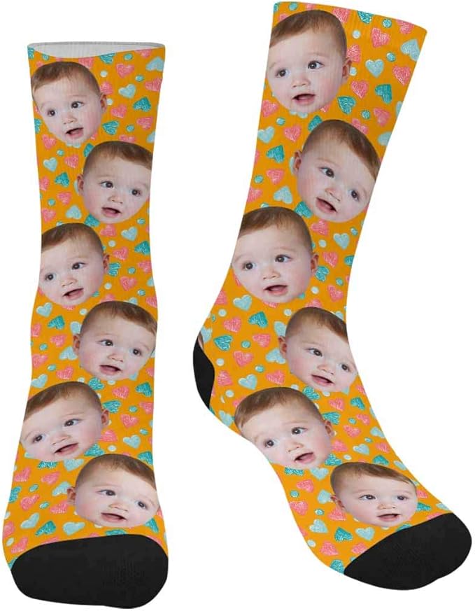 Personalized Face Socks, Custom Color Love Heart Cute Baby Kid Face Photo Crew Socks