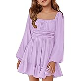 Batermoon Girls Long Sleeve Tie Back Dress Kids Fall Square Neck A-Line Mini Dresses 5-14 Years