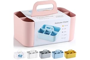 AOZITA Multiuse Caddy Organizer with Handle - Stackable Plastic Tote Bin - Art Craft Supplies, Office, Desk, Stationery Pen Holder, Kitchen, Utensil, Makeup, Bathroom, Shower, Cleaning, Dorm Organizer - Pink