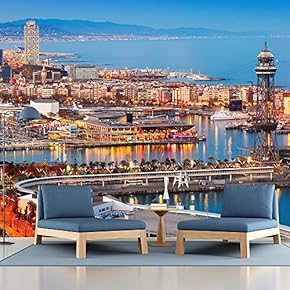 Barcelona City and Port in Evening. Catalonia, Spain - Removable Wall Mural | Self-Adhesive Large Wallpaper - 66x96 inches