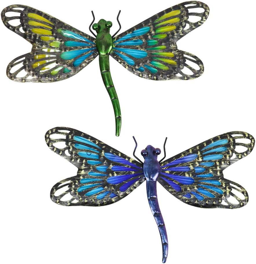 HONGLAND Metal Dragonfly Wall Decor Blue and Green Glass Art Sculpture Outdoor Hanging Decorations Set of 2 for Home Garden Bedroom