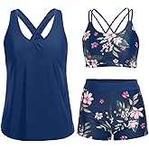 Holipick 3 Piece Tankini Swimsuits for Women Tummy Control Bathing Suits Swim Tank Top with Bra Boy Shorts Teen Swimwear