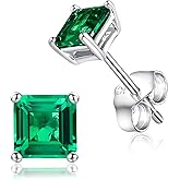 925 Sterling Silver Birthstone Stud Earrings for Women Men, Created Sapphire/Emerald/Ruby/Spinel Earrings Birthday Everyday Jewelry(with Box)