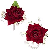 yeabwps 2 Pcs Red Corsage and Boutonniere Set Artificial Rose Corsage Writlet Band Faux Pearl Bracelet for Prom Decor and Boutonniere for Men Wedding Party Suit Flower Accessories (Red)