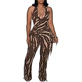 NIFTRIRY Casual Jumpsuits Sleeveless Fringe Side Legging Backless One Piece Jumpsuits for Women