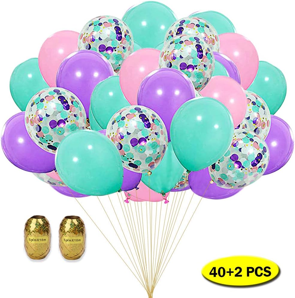 Mity rain 42Pcs Unicorn Balloons 12 Inch Confetti Latex Balloons Purple Pink Blue Mermaid Balloon Garland for Baby Shower Birthday Party Decoration with Gold Ribbon