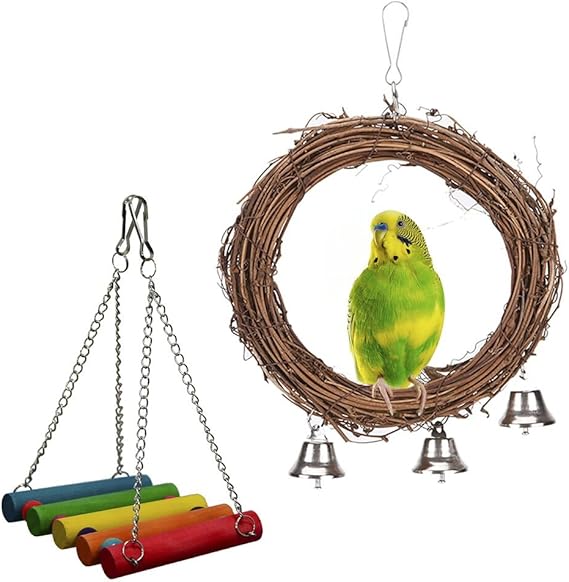Yiphates 2 Pack Bird Swings Natural Rattan Pet Bird Cage