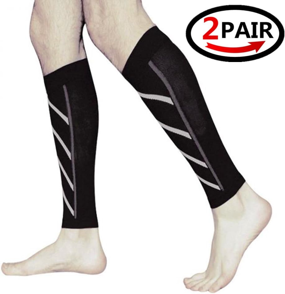 (2 PAIRS)Compression Sleeve - For Shin Splints, Calf Strains, Sports Recovery - Leg Socks For Men and Women - Black - Calf Guard for Running, Marathon, Rugby, Walking, Tennis, Golf, Cycling, Maternity