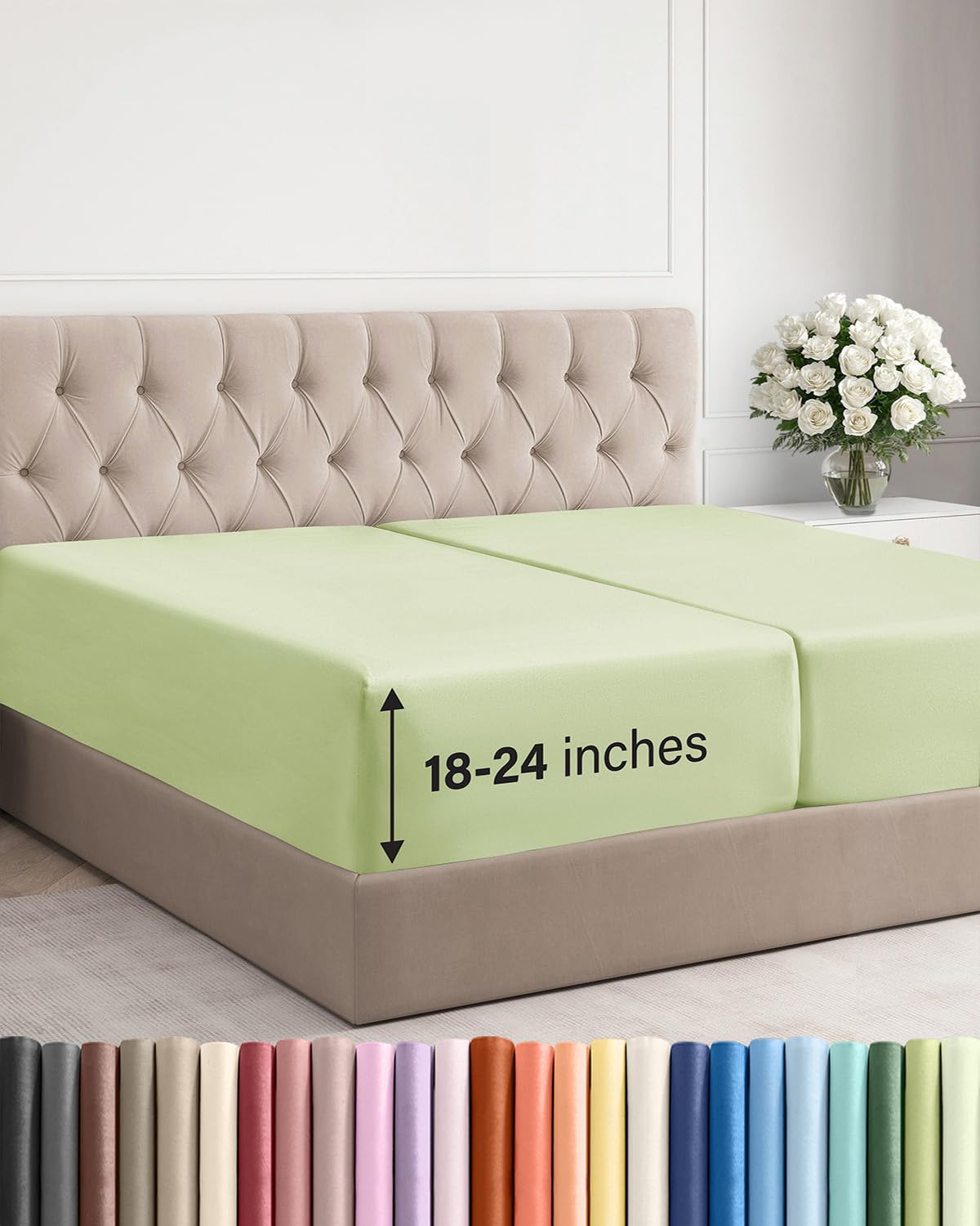 Extra Deep Split King Fitted Sheet - Hotel Luxury Single Fitted Sheet Only - Easily Fits 18 to 24 inch Mattress - Ultra Soft, Wrinkle Free w/Extra Deep Pockets - Breathable & Comfy - Light Sage Green Image