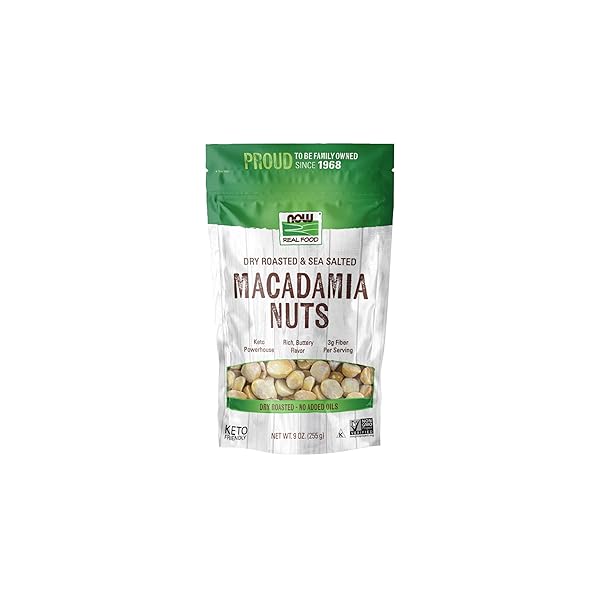 NOW FOODS, MACADAMIA NUTS, DRY ROASTED WITH SEA SALT, SOURCE OF FIBER, GLUTEN-FREE AND CERTIFIED NON-GMO, 9-OUNCE (PACKAGING MAY VARY)