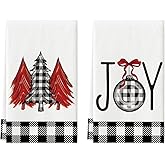 Artoid Mode Black White Buffalo Plaid Xmas Trees Joy Christmas Kitchen Towels Dish Towels, 18x26 Inch Seasonal Winter Decoration Hand Towels Set of 2