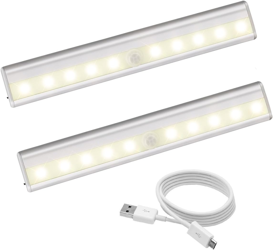 Motion Sensing Closet Lights 10 LED Rechargeable Night Light Bar for Cabinet Wardrobe Cupboard Drawer Stairs Step Stick-on Safe Lights Bed Light with Magnetic Strip.(Warm White - 2 Pack)