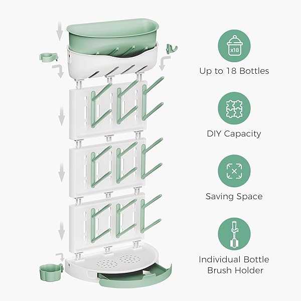MOMCOZY BABY BOTTLE DRYING RACK FOR 18 BOTTLES, SPACE SAVING COUNTERTOP VERTICAL RACK FOR BABY ACCESSORIES & PUMP PARTS, DETACHABLE TRAVEL DRYING RACK WITH BRUSH HOLDER