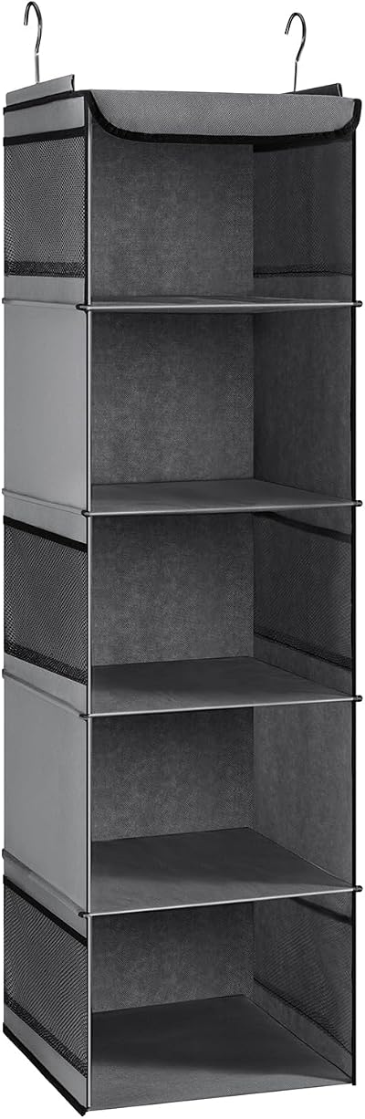 BrilliantJo 5 Shelf Hanging Wardrobe Closet Organizer 6 Pockets Grey 30x30x108cm
