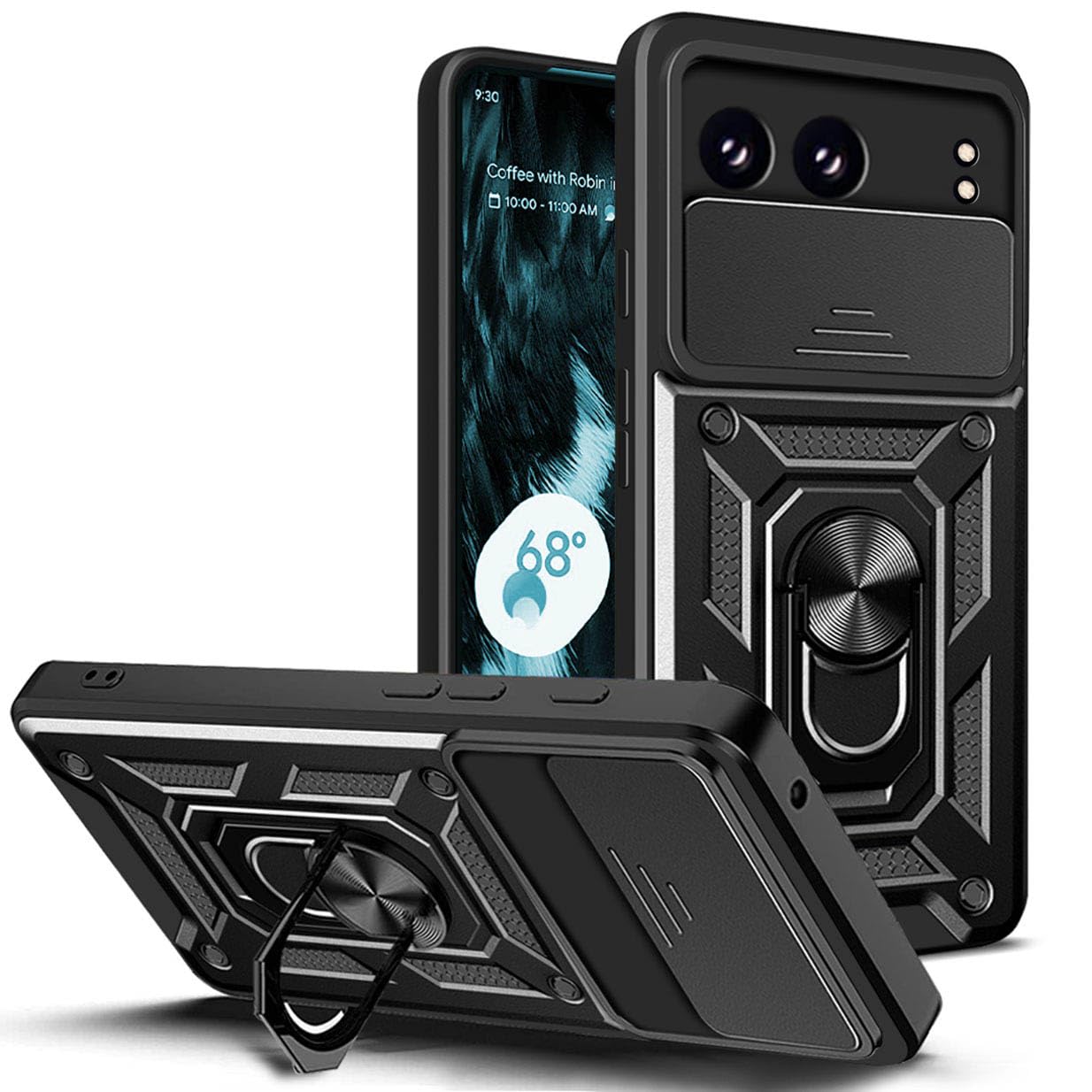 UPLAI Armor Case for OnePlus Nord 4 5G, Ultra Thin Shockproof Silicone Cover with Slide Camera Cover and Magnetic Ring Kickstand, PC + TPU Durable Cover.Black