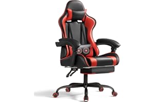Shahoo Gaming Chair with Footrest and Massage Lumbar Support, Video Racing Seat Height Adjustable with 360°Swivel and Headrest for Office or Bedroom, Red