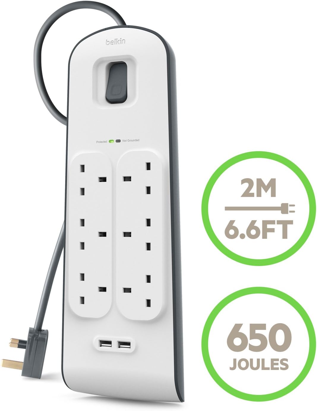Belkin Extension Lead with USB Slots x 2 (2.4 A Shared), 6 Way/6 Plug Extension, 2m Surge Protected Power Strip - White - Image 4