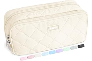 Sooez Large Pencil Case Pouch, Extra Big Pencil Bag with 8 Compartments | Pen Bag Wide Opening, Soft Quilted Pencil Pouch Organizer with Zipper, Portable Pencil Case for Teen Girls, Beige