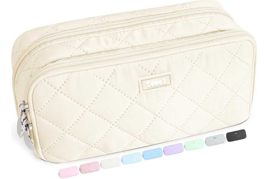 Sooez Large Pencil Case Pouch, Extra Big Pencil Bag with 8 Compartments, Pen Bag Wide Opening, Soft Quilted Pencil Pouch Organizer with Zipper, Portable Pencil Case for Teen Girls, Beige