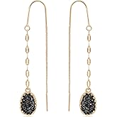 Simulated Druzy Threader Earrings for Women - Gold, Silver, or Rose Gold Tone Long Chain Earrings with Boho Created Geode Stone