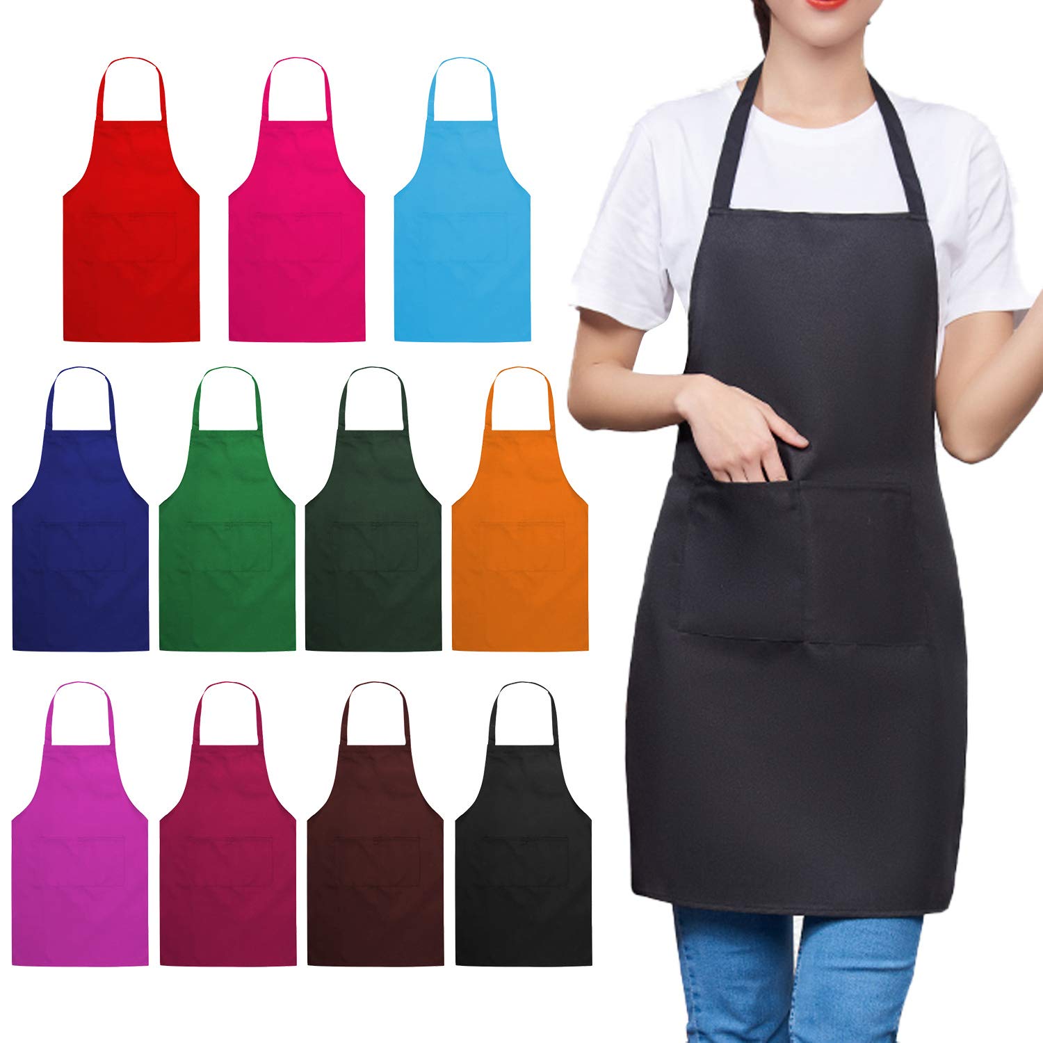 Trendbox Plain Bib Apron, 11 PCS Washable Multicolor Cooking Aprons for Women with 2 Pockets, Durable Comfortable Unisex Apron for Waist size 30" to 42" for Chef Waitress Artist School (Large)