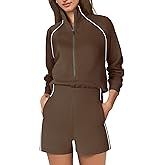 SENSERISE Womens Long Sleeve Romper One Piece Jumpsuits Mock Neck Wide Leg Shorts Fall Outfits with Zipper & Pockets