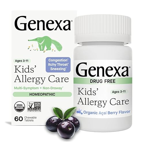 Genexa Kids Allergy Care | Drug Free, Non-Drowsy Children's Allergy & Decongestant Remedy | Vegan & Non-GMO | Homeopathic Relief Made Clean | Organic Acai Berry Flavor | 60 Chewable Tablets Ages 3-11