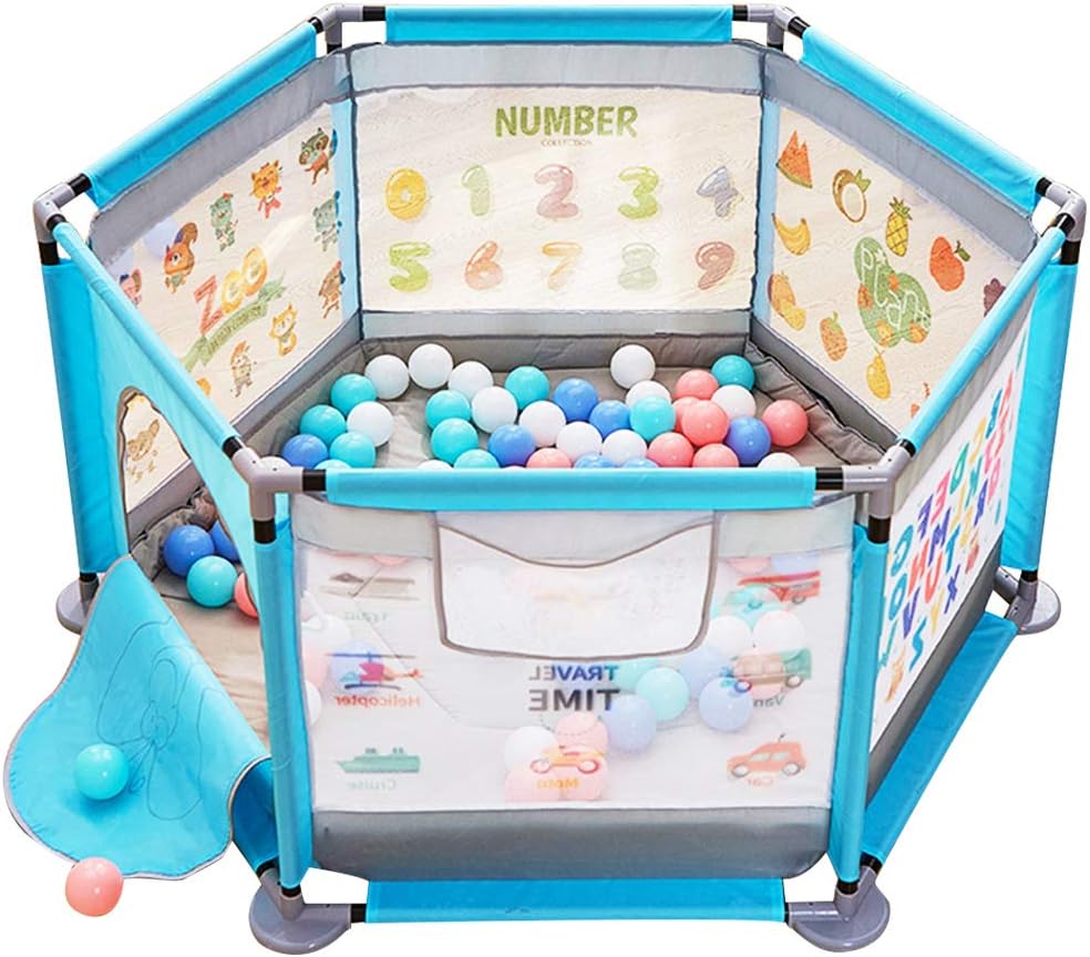 Olpchee Portable Assembled Indoor Baby Playards Safety Crawling Fence Playpen with Cushion and Cognitive Pattern on Fence (Blue)