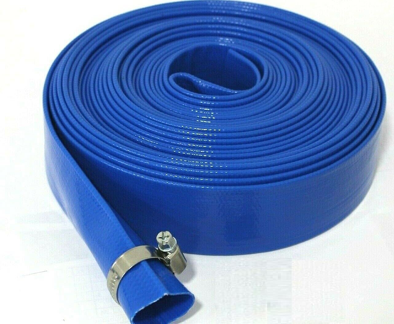 Equip247uk Blue Layflat Water Discharge Hose Pipe Pump Irrigation - 25mm (1") Bore x 5 Metres Long. with Free Stainless Steel Hose Clip