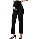 Ecavus Maternity Pants Over The Belly Seamless Stretch Work Pants Dual Length Pregnancy Office Dress Pants with Pockets