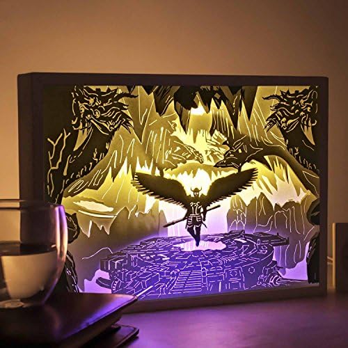 Papercut Light Boxes, LED Night Lights with Wireless Remote Control - Mystery cave with Sci-Fi building and fighting angel